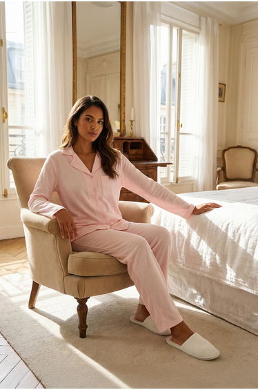 Pink 100% Cotton Gingham Shirt-Pants Knitted Pajama Set