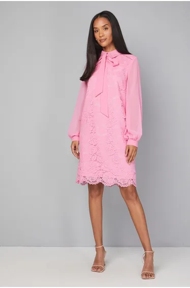 Lace Tie Neck Shift Dress