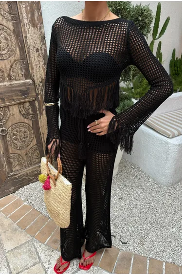 Black Knitted Tassel Long-Sleeved Two-Piece Set