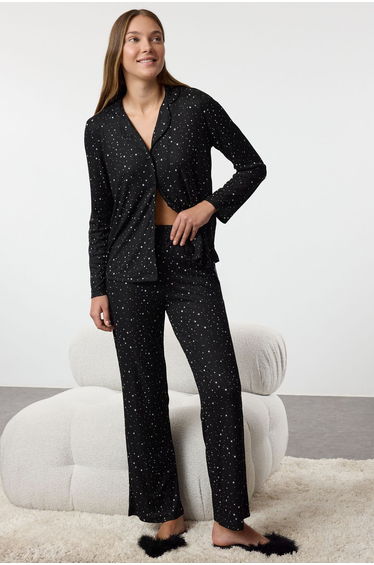 Black Printed Camisole Knitted Pajama Set