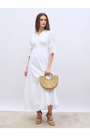 Dobby V Neck A-Line Maxi Dress with Schiffli Detail