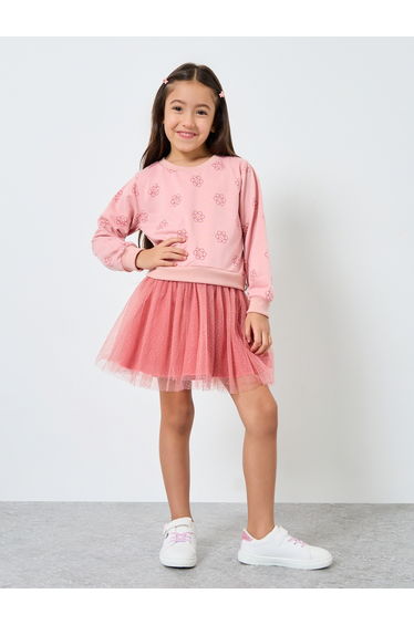 Girls Pink Flower Print Tulle Dress