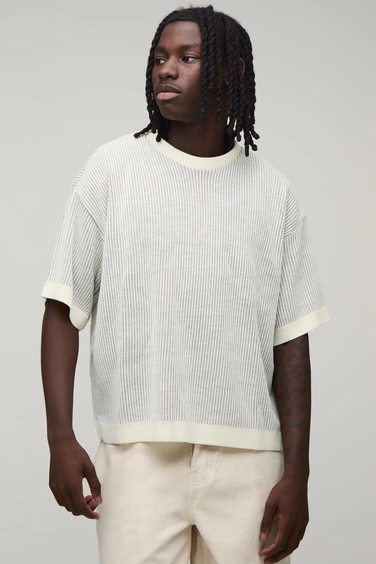 Oversized Boxy Contrast Ribbed Knitted T-Shirt - ecru