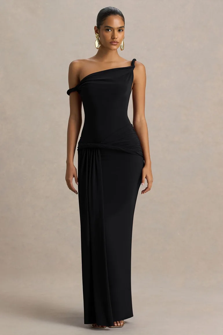 Tulisa | Black Asymmetric-Neck Maxi Dress With Twist Sleeves And Ruched Detailing - 4