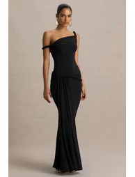 Tulisa | Black Asymmetric-Neck Maxi Dress With Twist Sleeves And Ruched Detailing