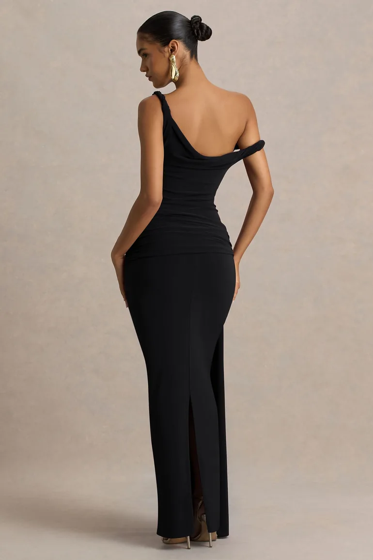 Tulisa | Black Asymmetric-Neck Maxi Dress With Twist Sleeves And Ruched Detailing - 1