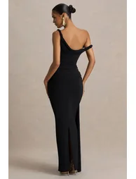 Tulisa | Black Asymmetric-Neck Maxi Dress With Twist Sleeves And Ruched Detailing - 1