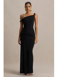 Tulisa | Black Asymmetric-Neck Maxi Dress With Twist Sleeves And Ruched Detailing - 3