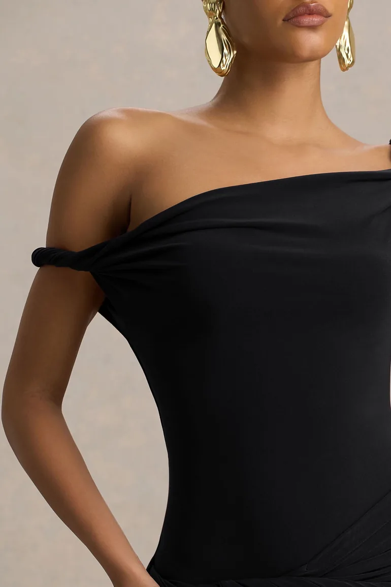 Tulisa | Black Asymmetric-Neck Maxi Dress With Twist Sleeves And Ruched Detailing - 2