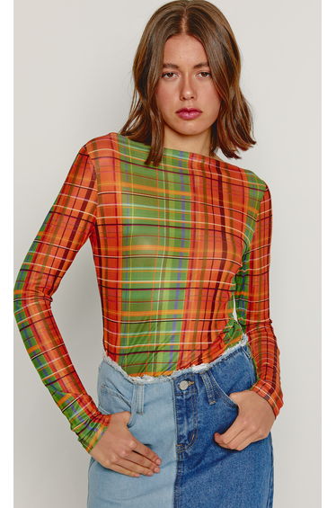 Orange & Green Checkered Mesh Top