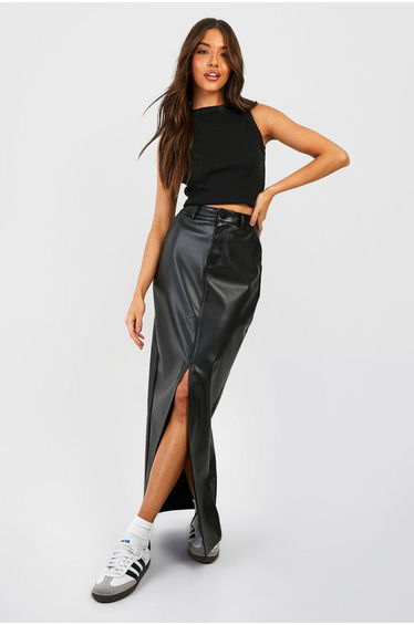 Leather Look High Waisted Split Maxi Skirt - black