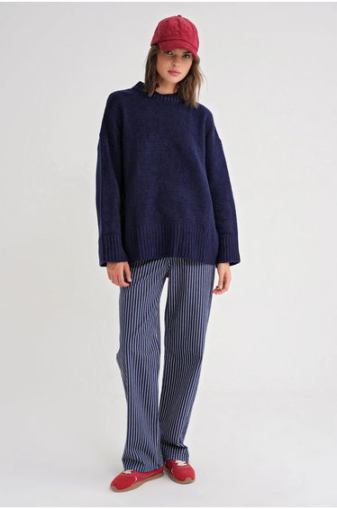 Mixray Oversized Ribbed Knit Sweater with Crew Neck