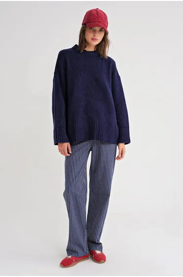 Mixray Oversized Ribbed Knit Sweater with Crew Neck