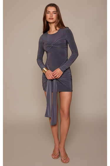 Charcoal Slinky Long Sleeve Wrap Twist Detail Mini Dress