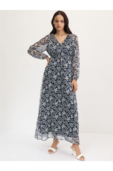 Navy All Over Leaf Print Maxi Dress
