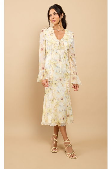 Elyse Yellow Floral Print Frill Midaxi Dress
