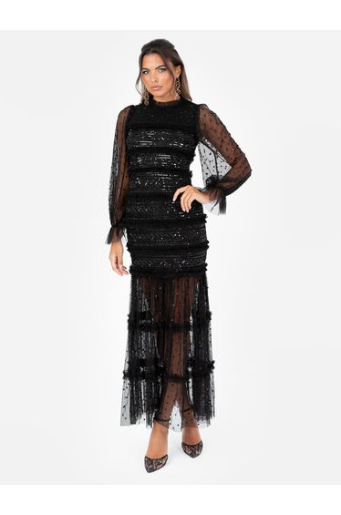 Maya Black Sequin & Frill Long Sleeve Tulle Maxi Dress