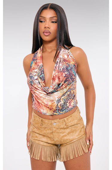 Brown Printed Cowl Neck Top