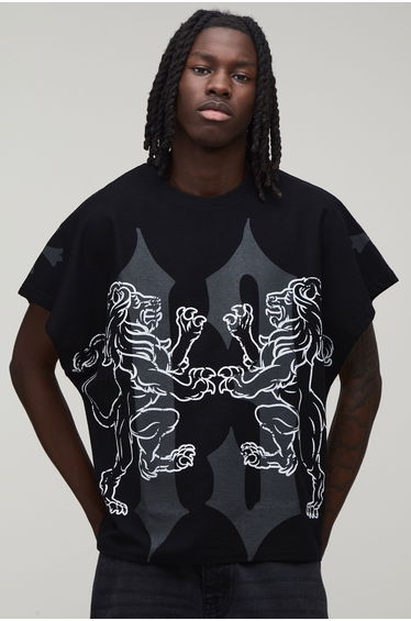 Oversized Washed Graphic Loopback T-Shirt - black
