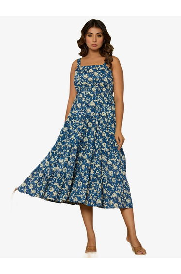 Women Blue Cotton Printed Strappy Midi Dress