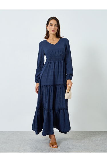 Women Navy Blue Textured Pleated Detail Maxi Dress