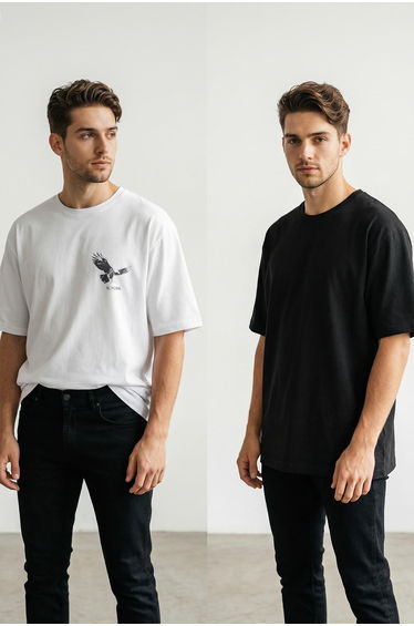 White-Black Oversize/Wide Cut 2-Pack Eagle Print-Plain 100% Cotton T-Shirt