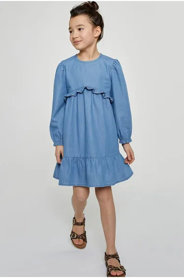Cotton Ruffled Dress with Long Sleeves