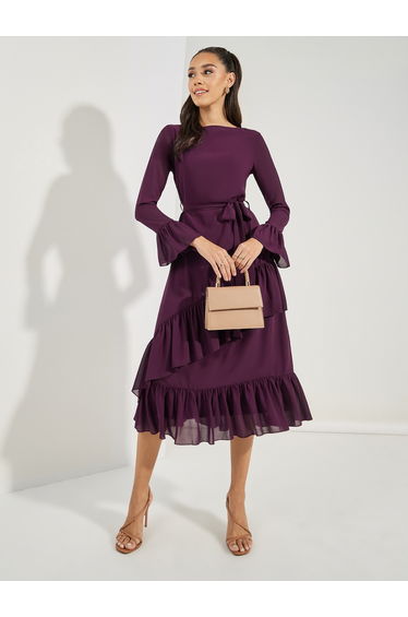 Asymmetric Overlay Ruffled Midi Dress