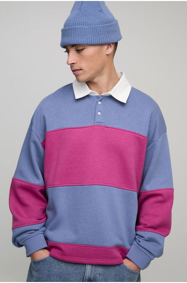 Oversized Boxy Stripe Applique Varsity Rugby Polo - dark pink