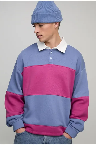 Oversized Boxy Stripe Applique Varsity Rugby Polo - dark pink