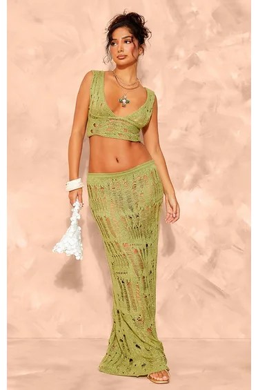 Petite Olive Open Knit Maxi Skirt