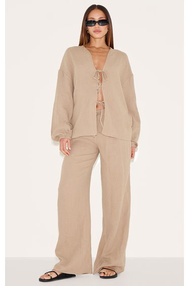Tall Mushroom Textured Cheesecloth Tie Front Shirt
