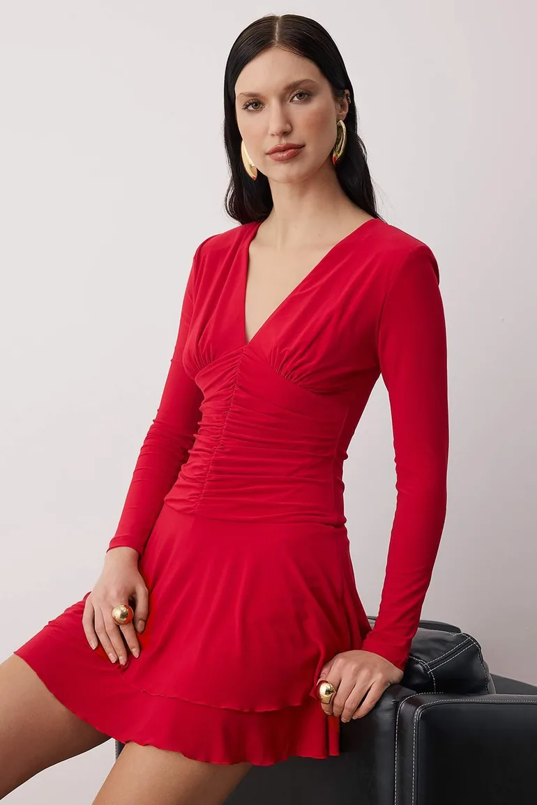 Red knitted super mini dress with shorts lining - chic/night dress - 1