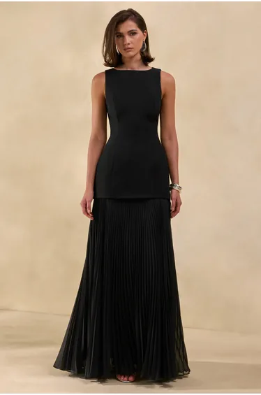 Hadley | Black Boat-Neck Maxi Dress With Drop-Waist