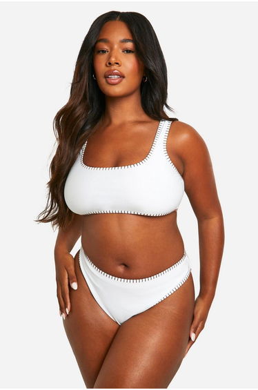 Plus Contrast Stitch High Waisted Bikini - ecru
