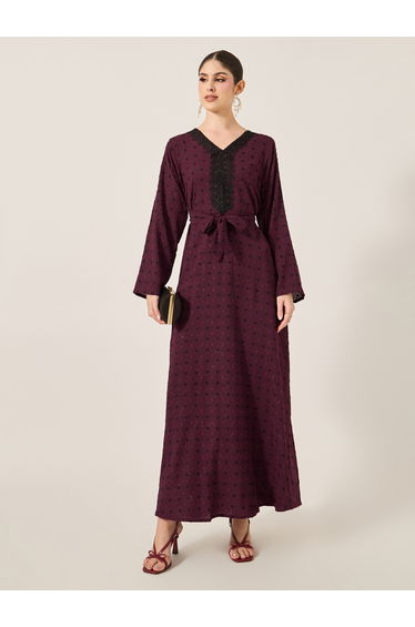 Dobby Lace Detail V-Neck Belted A-Line Jalabyia