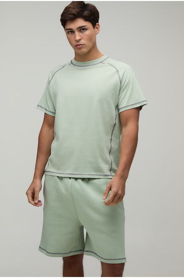 Contrast Stitch Regular Fit Boxy T-Shirt & Regular Fit Short Set - sage