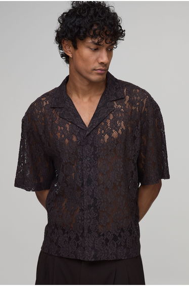 Oversized Boxy Revere Short Sleeve Lace Shirt - chocolate