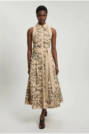 Linen Matte Sequin Collared Midi Dress