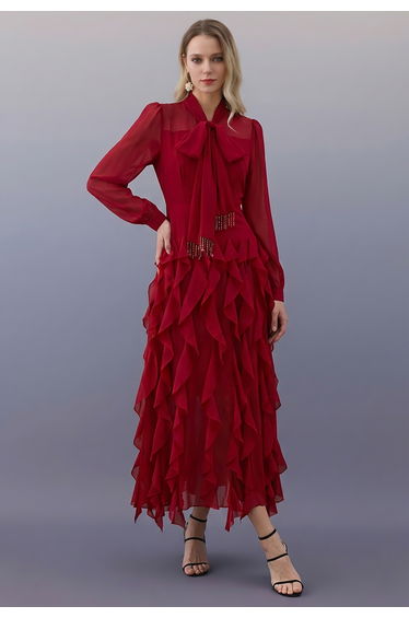 Beaded Tassel Bowknot Cascade Ruffle Chiffon Maxi Dress in Red