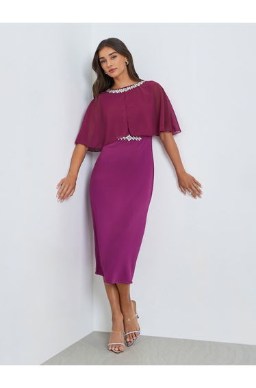 Women Embellished Cape Sleeve Sheath Midi Dress