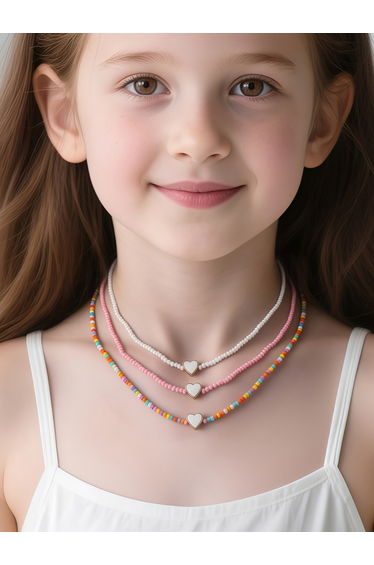 Pack of 3 - Colorful Beaded Heart Necklace
