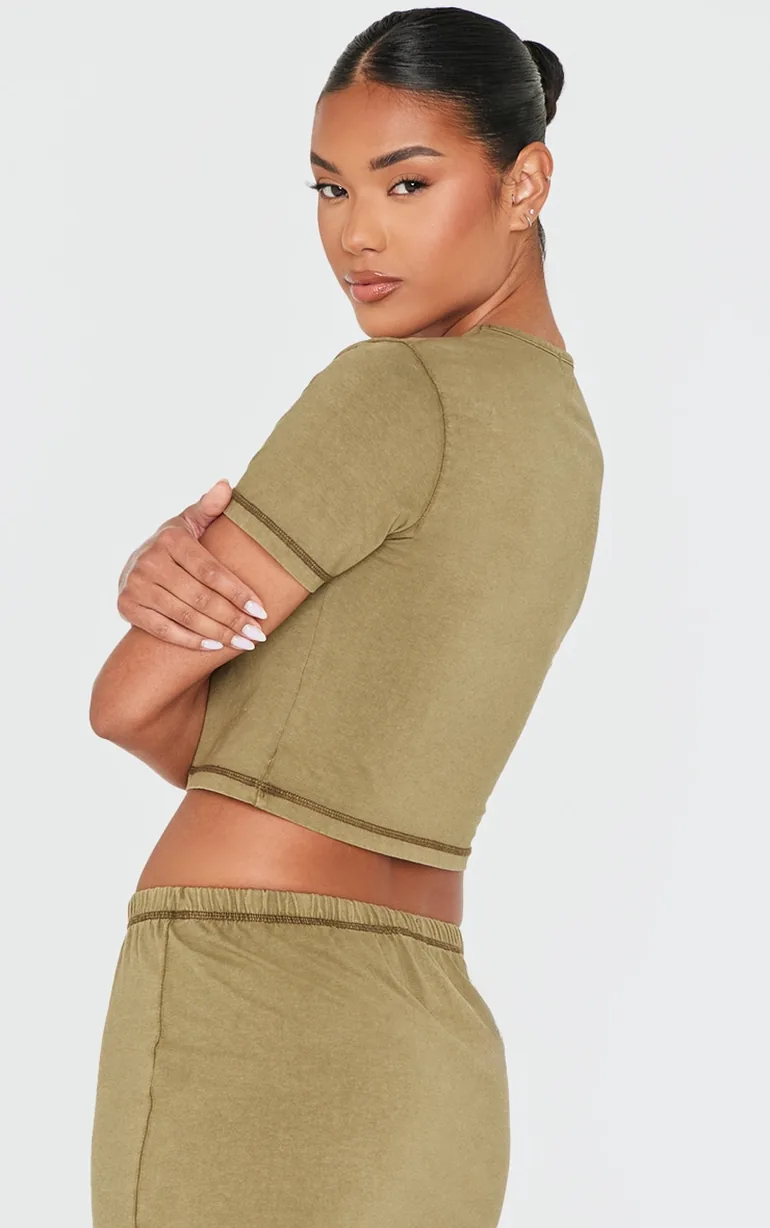 Olive Cotton Washed Crop Top - 1