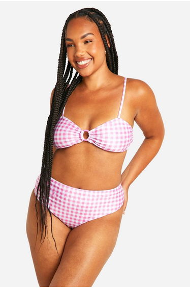 Plus Gingham Print High Waist Bikini Brief - pink