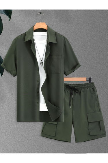 Men Khaki Solid Short Sleeve Shirt and Shorts Co-Ords