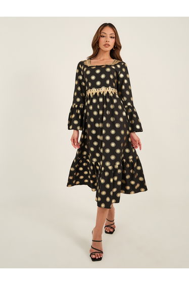 Foil Print Lace Detail Square Neck Midi Dress