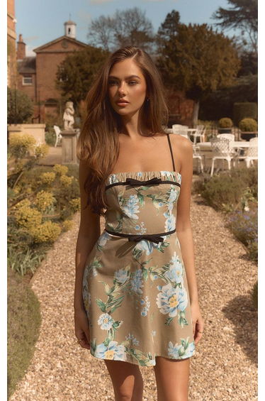 Taupe Floral Printed Cotton Strappy A Line Mini Dress