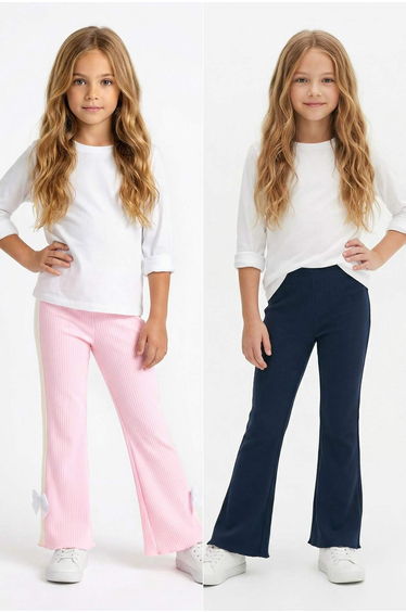 Navy Blue-Pink 2-Piece Girls' Plain Knitted Tights