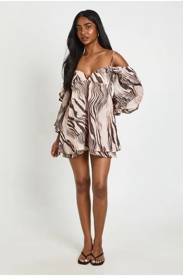 Zebra Chiffon Cold Shoulder Ruffle Playsuit - zebra