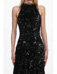 Glamorous Contour Sleeveless Feather Sequin High Slit Velvet Maxi Dress - 4